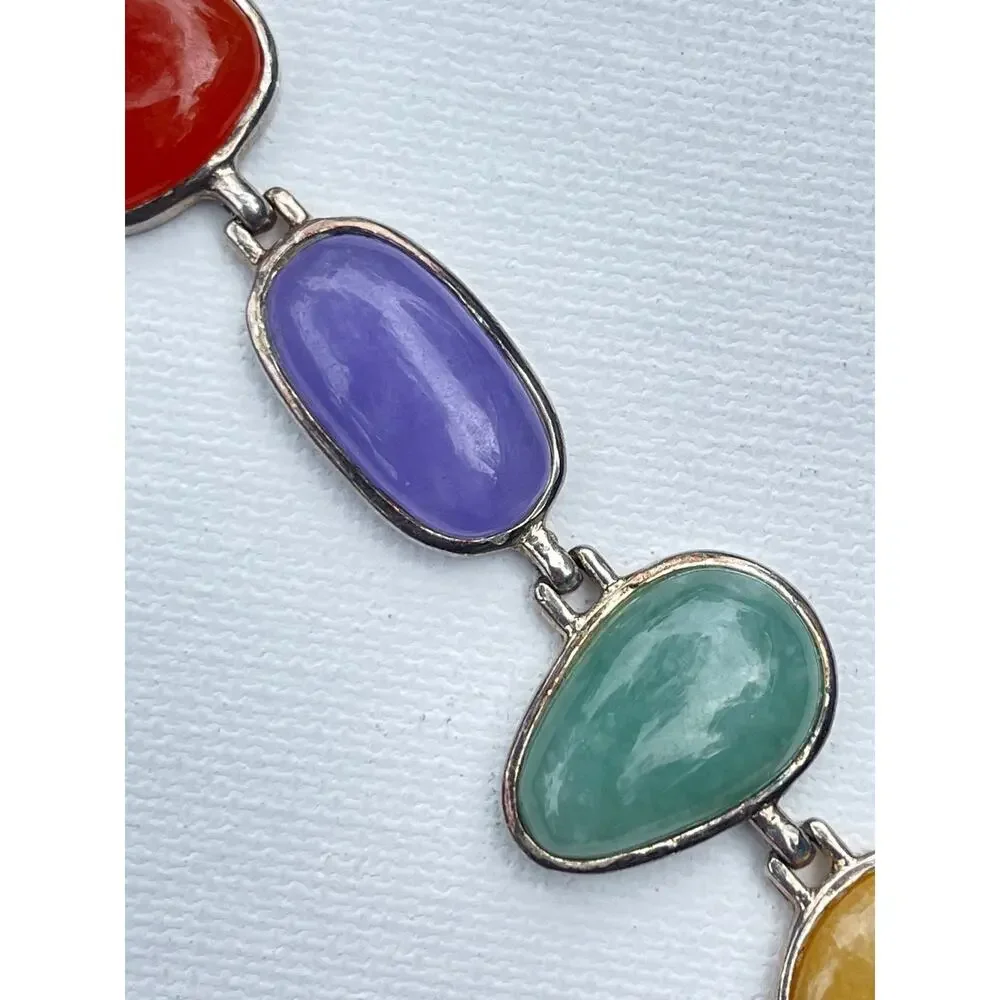 Vintage Sterling Silver Multicolor Jade Bracelet 26 grams